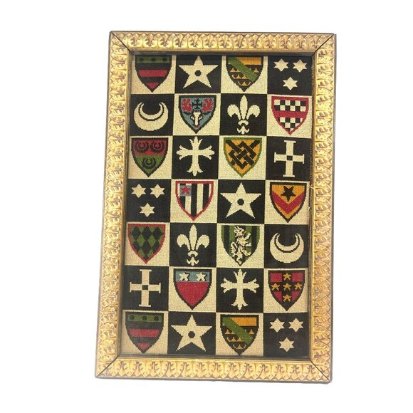Medieval Shield Heraldry Needpoint Vintage Wall Hanging Framed - Picture 2 of 6